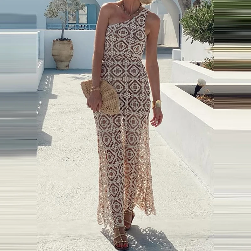 Abito lungo da donna alla moda senza schienale Abito lungo sexy con scollo a barchetta in pizzo scollato Abito aderente estivo senza maniche trasparente Abito da sera sottile