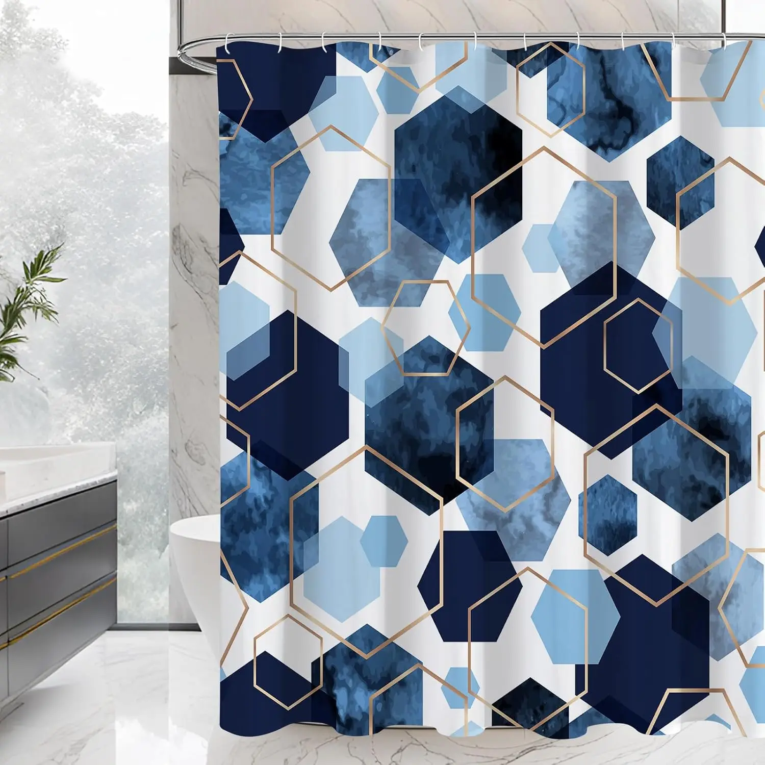 Navy Blue Geometric Hexagon Shower Curtain, Modern Marble Texture Gold Lines Waterproof Fabric Bath Curtain, Abstract Blue