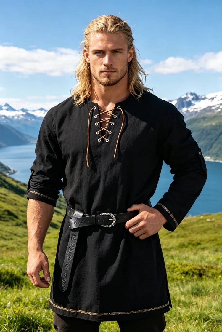 Men Medieval Viking Lace Up Tunic Shirt, Long Sleeve Renaissance Shirt for LARP Halloween Party & Daily Wear