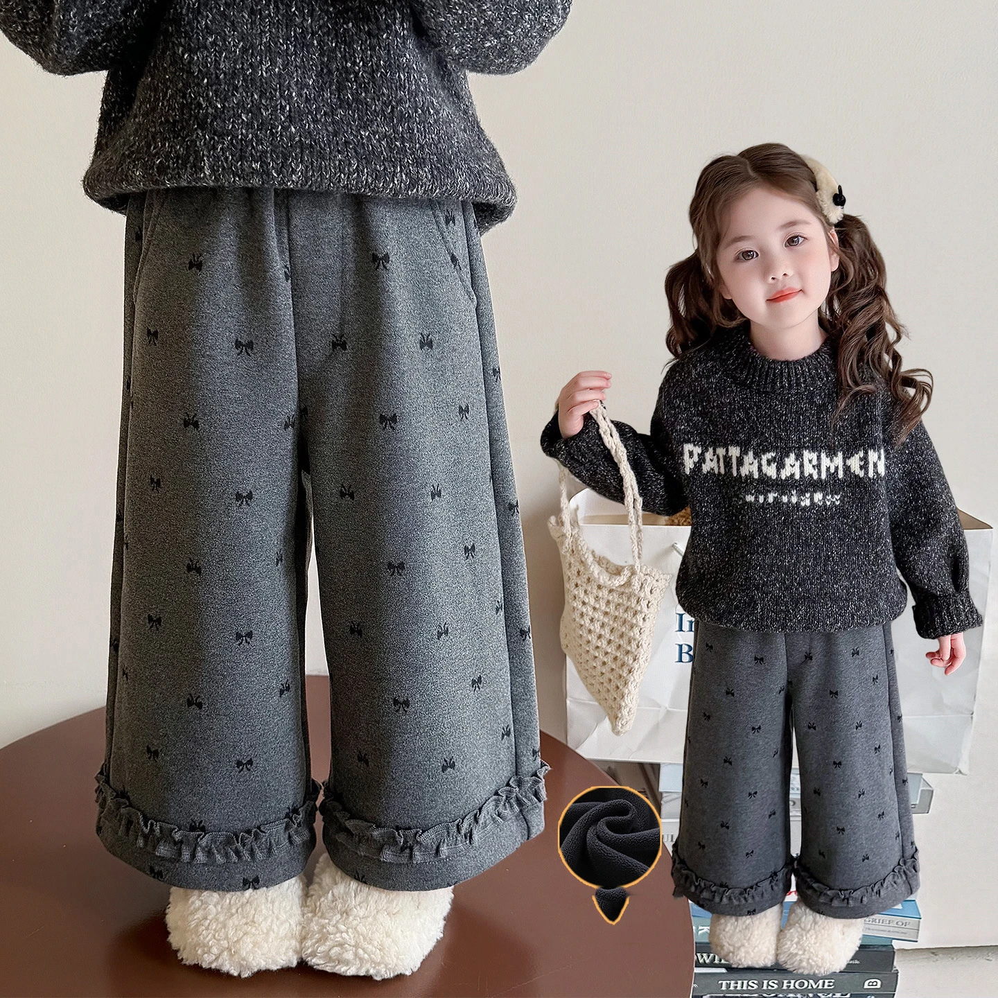 

Детские шерстяные штаны для маленьких девочек, новые утепленные зимние штаны с бантом и принтом для маленьких девочек, повседневные широкие штаны с эластичной резинкой на талии для маленьких девочек