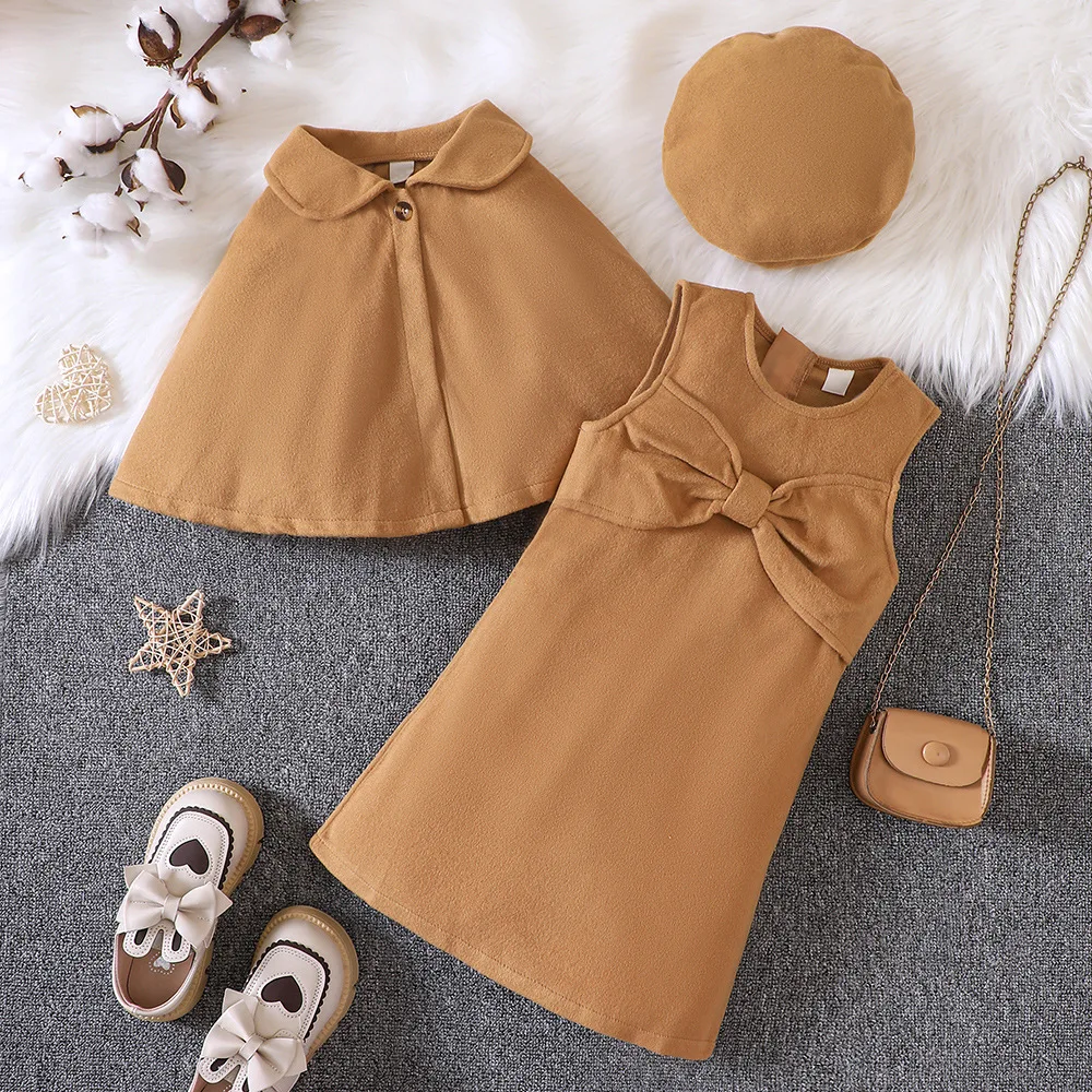 

2023 New Child Clothes Sets Sleeveless Turn-down Collar Tops Bow Khaki Dress 2 Piece Sets Designer Girls Clothes Set 18M-7T