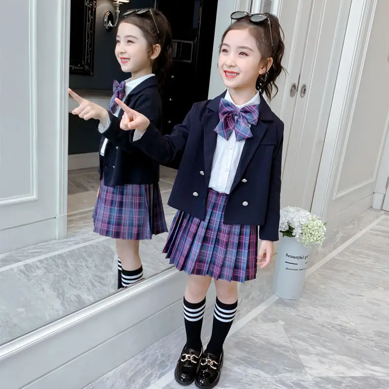 Ragazze College Style JK uniforme gonna a pieghe + camicie + cappotto invia calzino cravatta 2023 estate bambini grandi bambini scuola studente panni della tuta