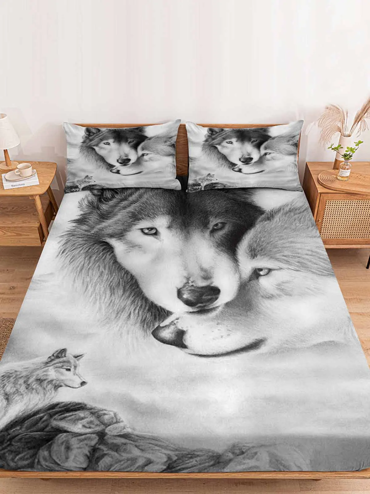 Wolf Couple Beast Queen Size Bed Mattress Fitted sheet Elastic Rubber Band Non-slip Bed Sheet Pillowcase Set