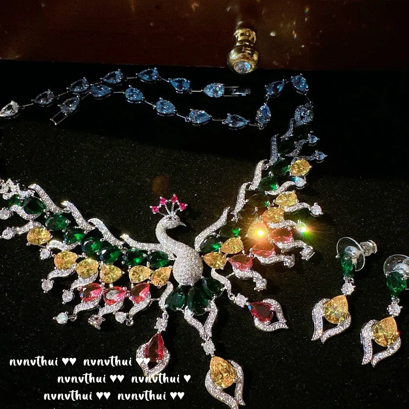 Luxury 925 Silver Jewelry Set Sparkling Zircon Elegant Multicolour Peacock Necklace Earring Women Wedding Banquet Jewelry Set