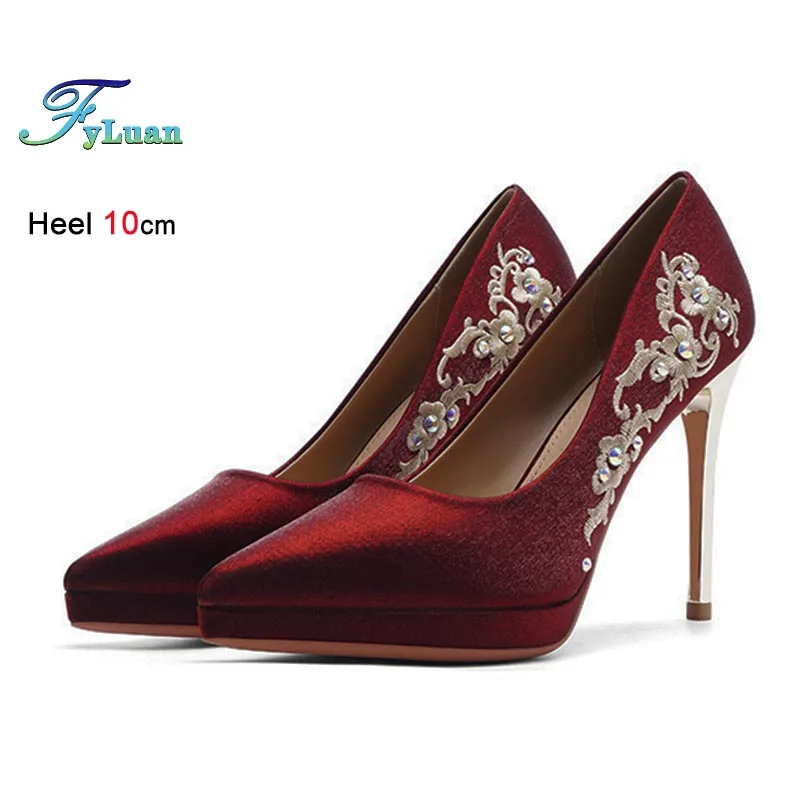 

Bridal Shoes Chinese Style Pumps Women Satin Stiletto Pointy Toe Shallow Mouth Single Shoes Wine Red High Heels Wedding Shoes