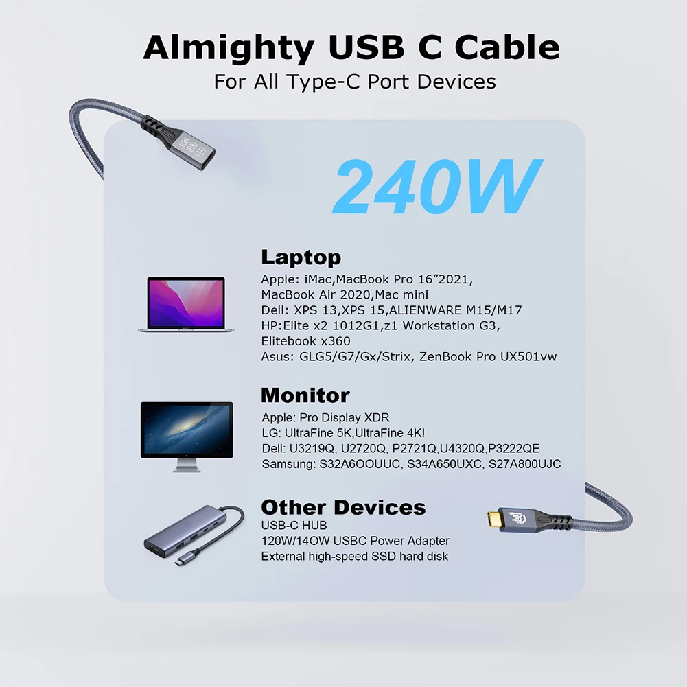 Cable de extensión USB C de 0,25/0,5/1/2M PD240W Cable de carga rápida USB C a C trenzado Cable USB C a USB C para iPhone 15 para Samsung