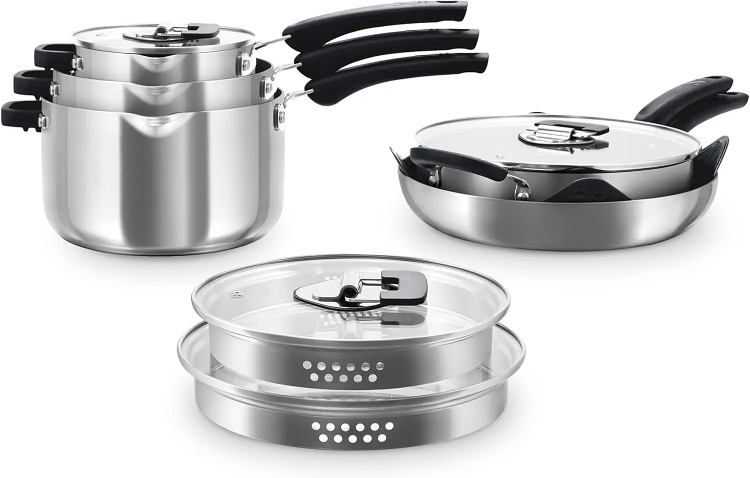 

10 Piece Nonstick Stainless Steel Cookware Set with Straining Lids- Black