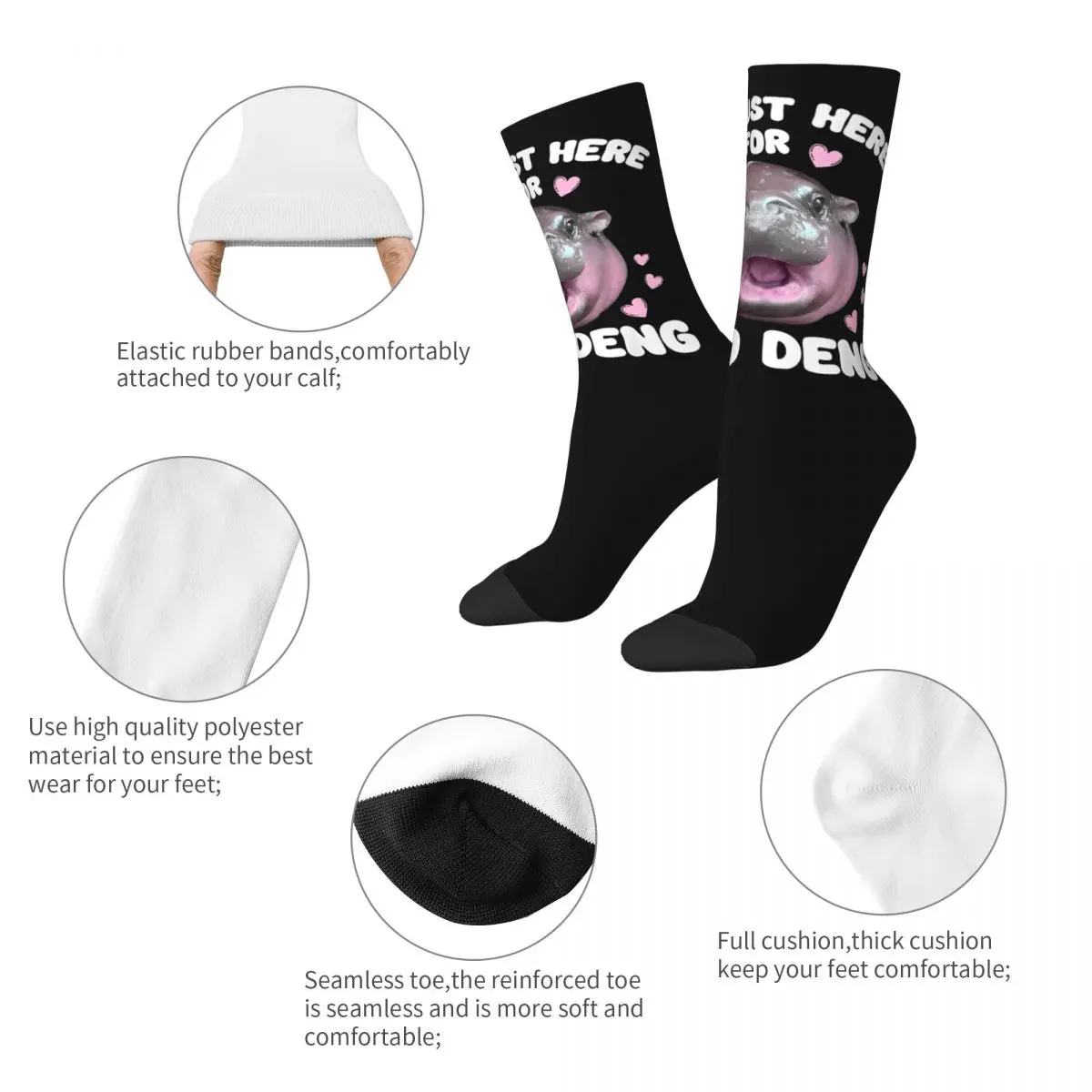 Cool I'm Just Here For Moo Deng Basketball Socks Cute Baby Hippo Polyester Long Socks for Unisex Non-slip