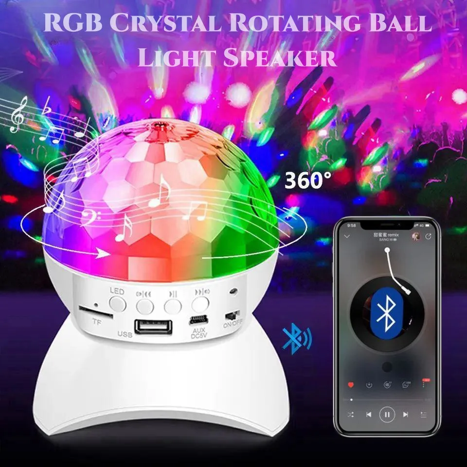سماعة لاسلكية تعمل بالبلوتوث المتكلم المرحلة 7 لون RGB ضوء ، دوران 360 درجة كريستال الكرة أضواء ليلية ل DJ نادي ديسكو حفلة KTV