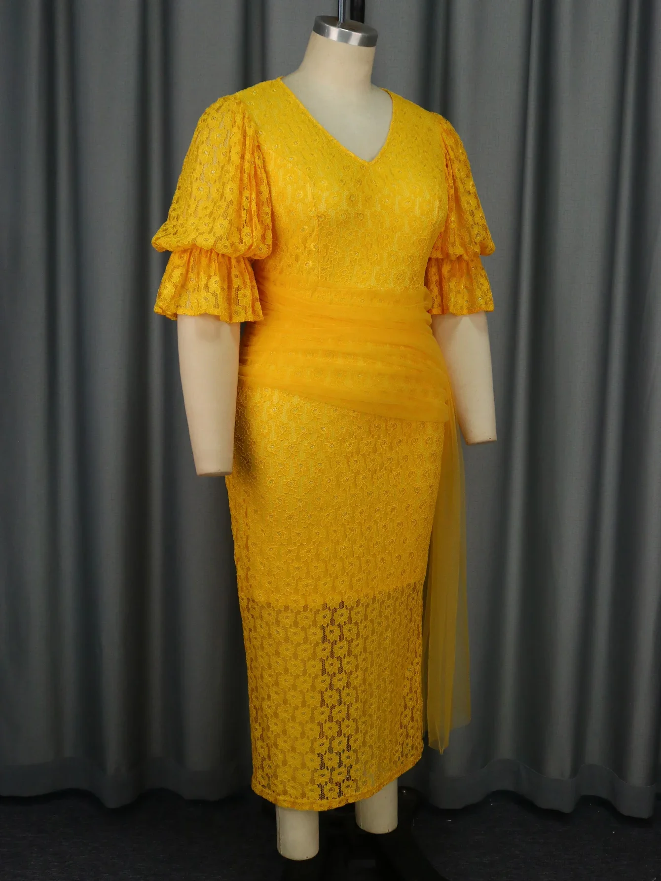 Vestido de noche amarillo Irregular para mujer, prenda elegante y Sexy con escote en V, mangas abullonadas, ceñido al cuerpo, 2024