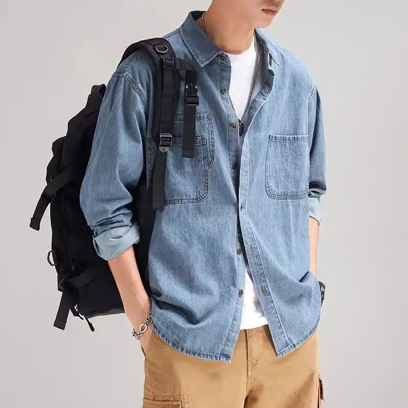 

Джинсовая рубашка для подростков с длинным рукавом в американском стиле, модная верхняя одежда, повседневная, свободного кроя, на подкладке из полиэстера, из джинсовой ткани
