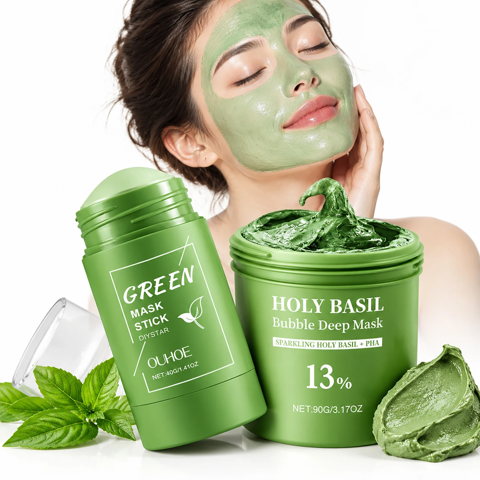Holy Basil Bubble Mask&Green Tea Cleansing Stick Mask Shrink Pores Deep Blackhead Remover Gentle Cleansing Hydrating Facial Mask