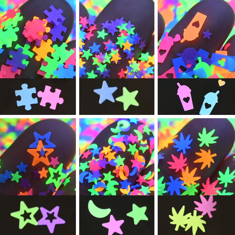 10g Neon Star/Moon/Weed Fluorescence Nail Sequins Colorful Star Design Glitter Flakes Christmas Neon Manicure Star Sequins &*&