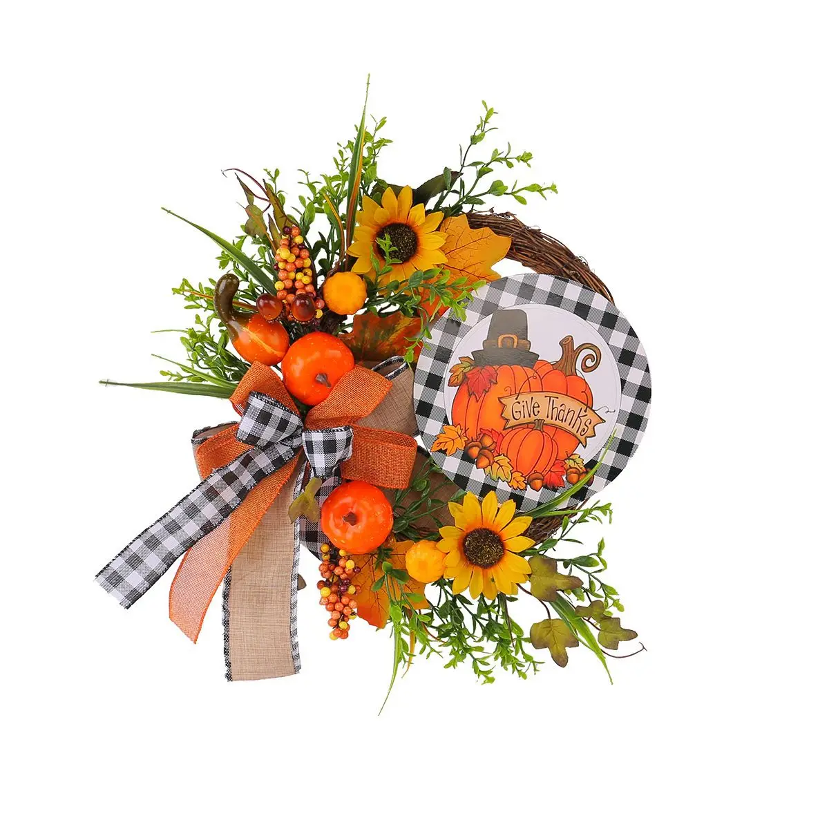 #￥New Wooden Decoration Thanksgiving Sunflower Autumn Color Pumpkin Wreath Simulation Plant Door Hanging