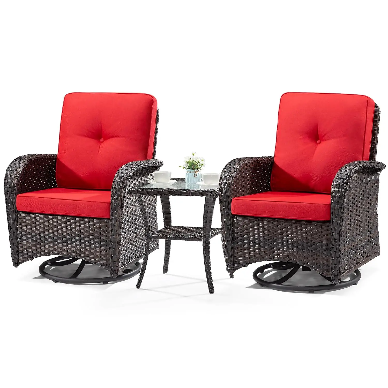 Patio Swivel Glider Chair Set 2 & Wicker Side Table 3 Piece Outdoor Furniture Brown Red, Customized