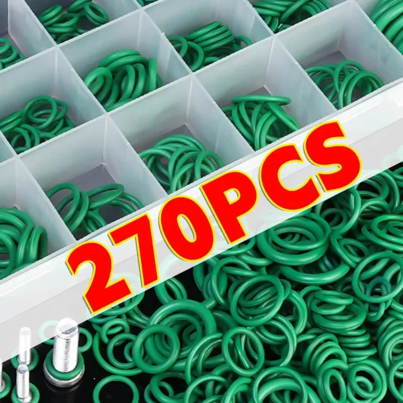 270pcs/box O-ring Green Fluororubber Rubber Sealing Gasket Car Air Conditioning Compressor Acid Alkali Resistant Repair Kit