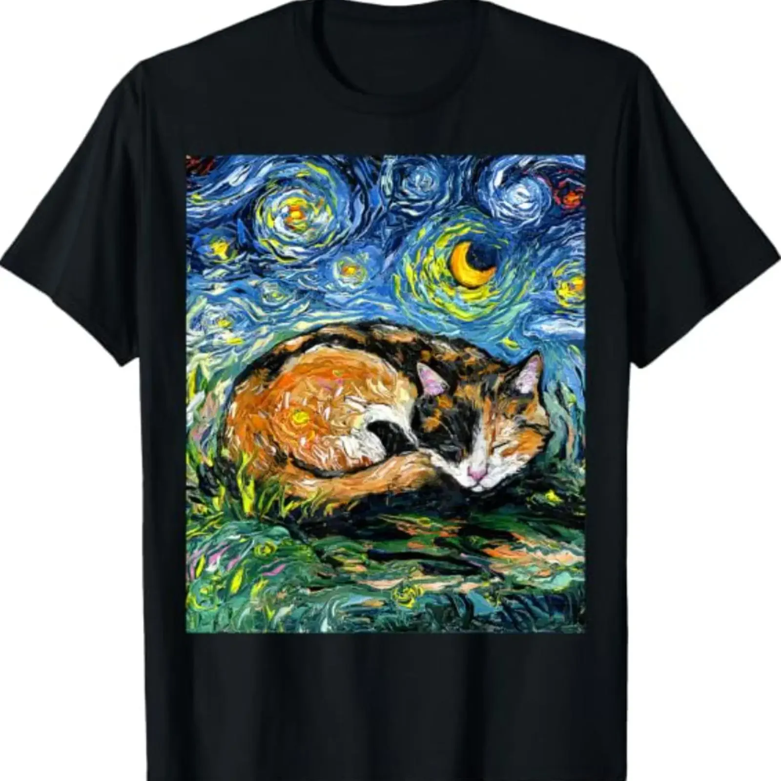 T Shirt schlafende Calico Katze Sternennacht Tierliebhaber Haustier Kunstwerk vintage Washed Stylish streetwear homme Casual