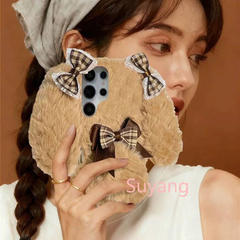 Cute Bowknot Soft Rabbit Ear Plush Phone Case For Samsung Galaxy S26 S21 S20 S10 S9 A14 A24 A34 A54 A13 A23 A33 A53 A73 A51 A71