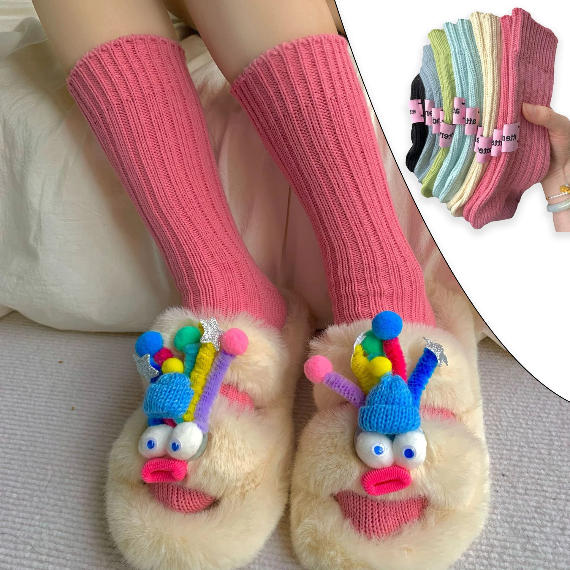 Pink Tag Unisex Autumn Winter Socks Chunky Knit Retro Slouch Mid Calf Japanese Instagram Fashion Couple Matching Essential