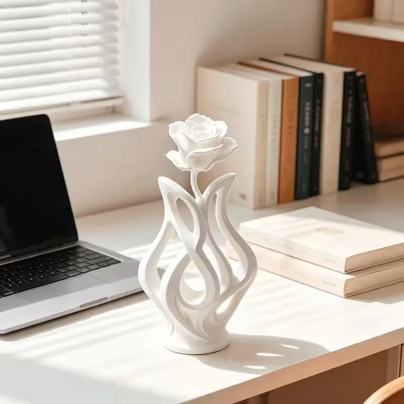 3D Printed Modern Abstract Rose Sculpture White Minimalist Floral Statue Aesthetic Ornament Living Room Shelf Tabletop Home Deco