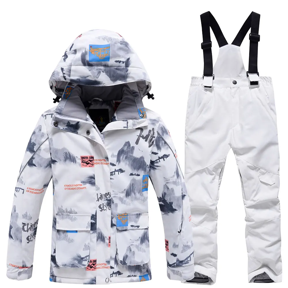 Boys Snowsuits Hooded Warm Kids Winter Skiing Wear Thick Windproof Waterproof Snowboarding Jacket + Bib Pants for Outdoor Sports