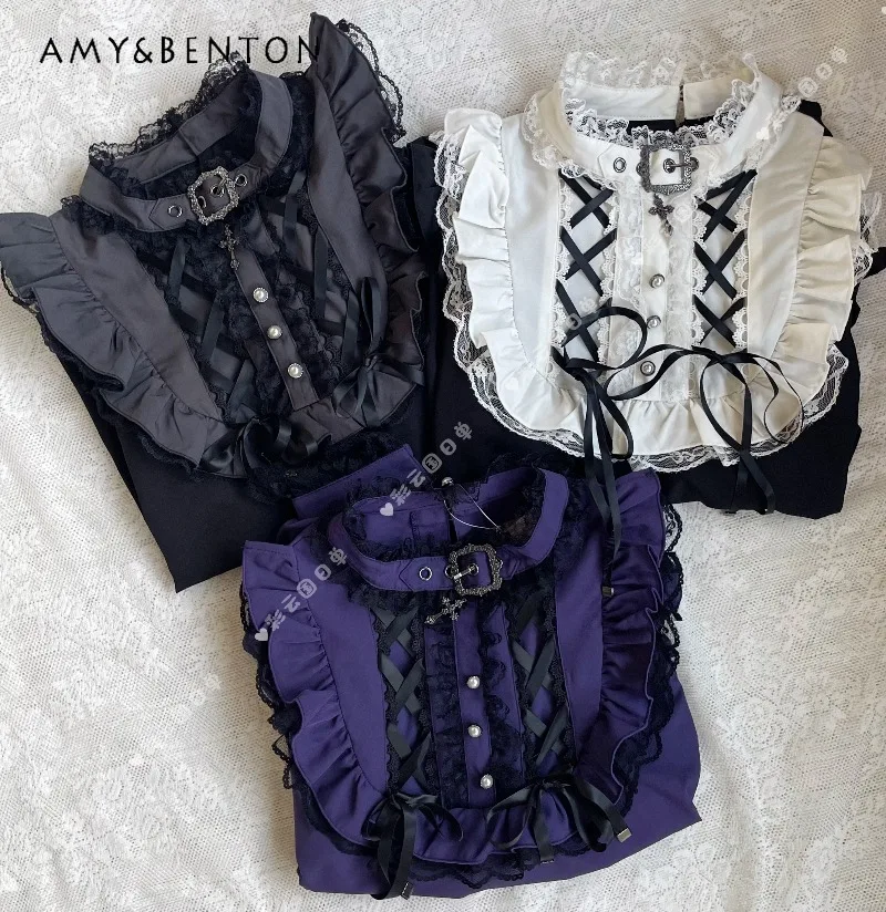 

Японская готическая рубашка с кружевными манжетами в стиле темной Лолиты с длинными рукавами для женщин, милые рубашки с воротником-стойкой и бантом Mine Series, женские топы