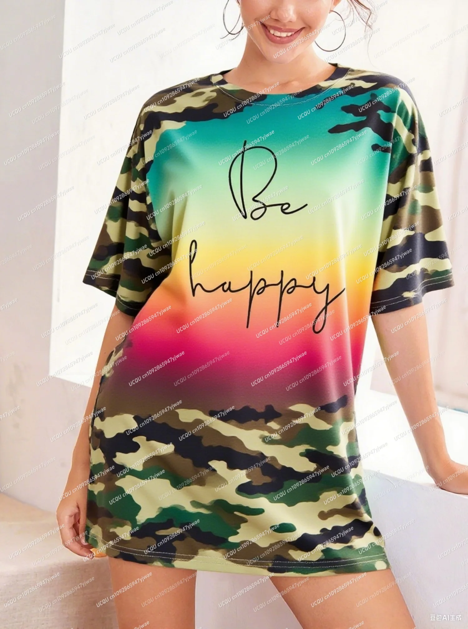 2025年夏新作 レディース Tシャツワンピース 迷彩柄 レタープリント BE HAPPY プリント Oネック 半袖 プルオーバーワンピース レディース服