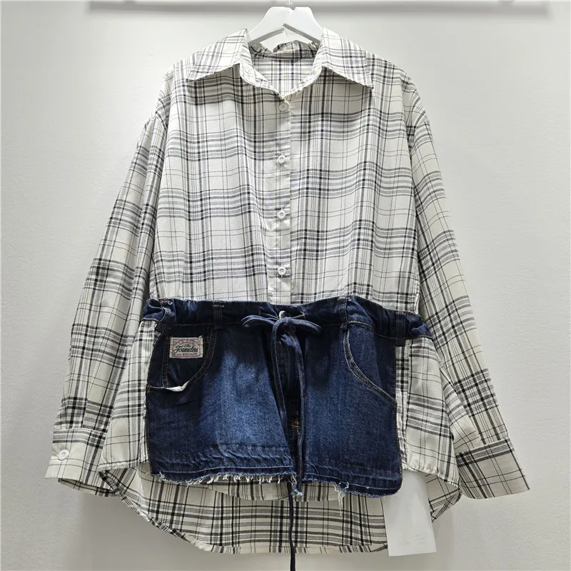 

SuperAen Spring 2026 New Korean-style Designed Denim Patchwork Long-sleeved Shirt Single Breasted Loose Casual Tops