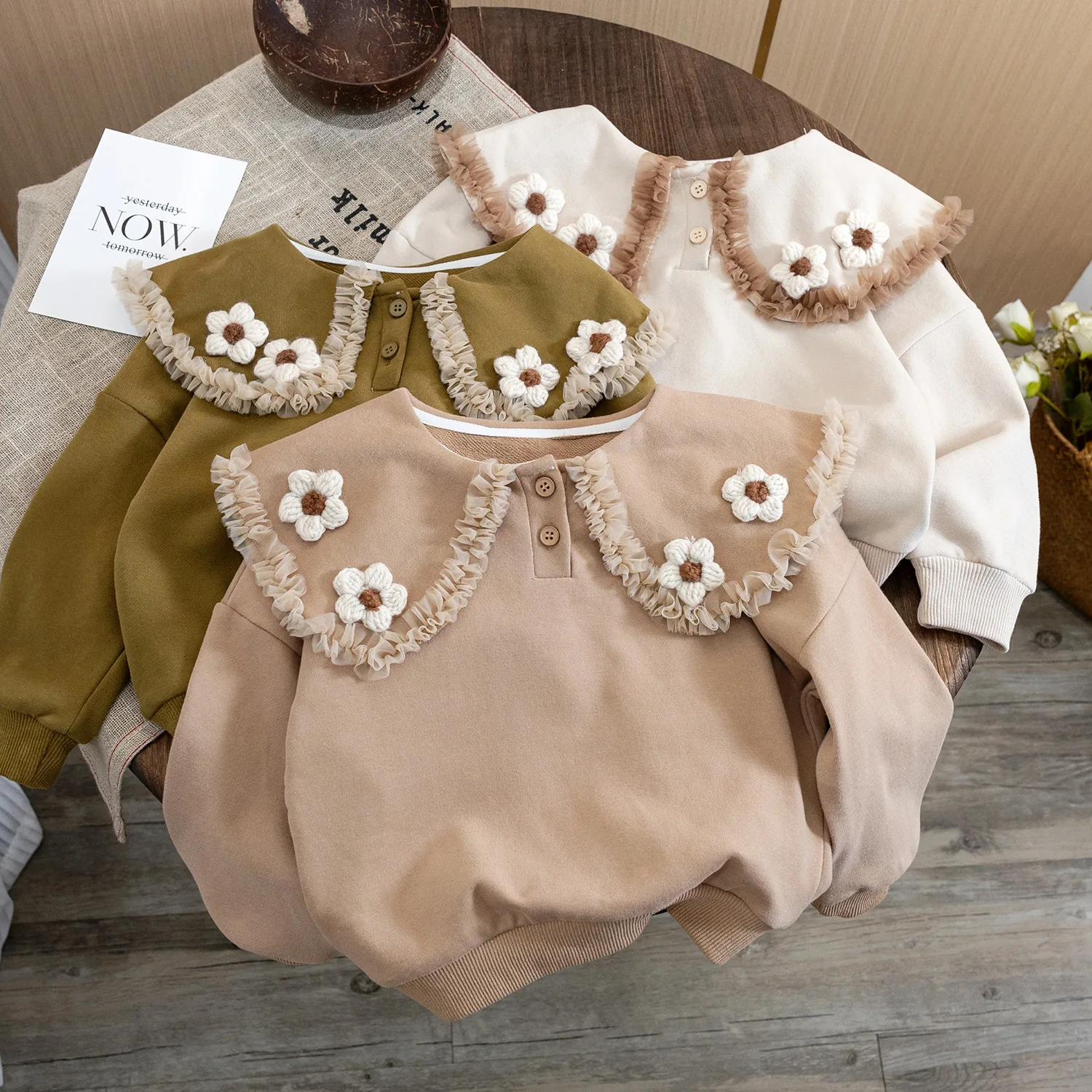 

Cute Flowers Baby Girls Sweatshirt Spring Fall Long Sleeved Lace Collar Pullover Tops Korean Style Sweet Girl Casual Hoodies