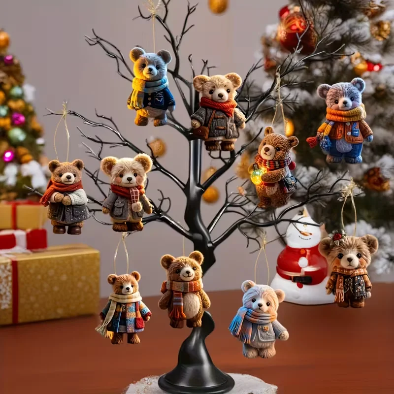 10 زخارف على شكل دب خشبي مصنوعة يدويًا - معلقات جو عيد الميلاد بأنماط قديمة وحديثة، تتميز بالأوشحة والمعاطف