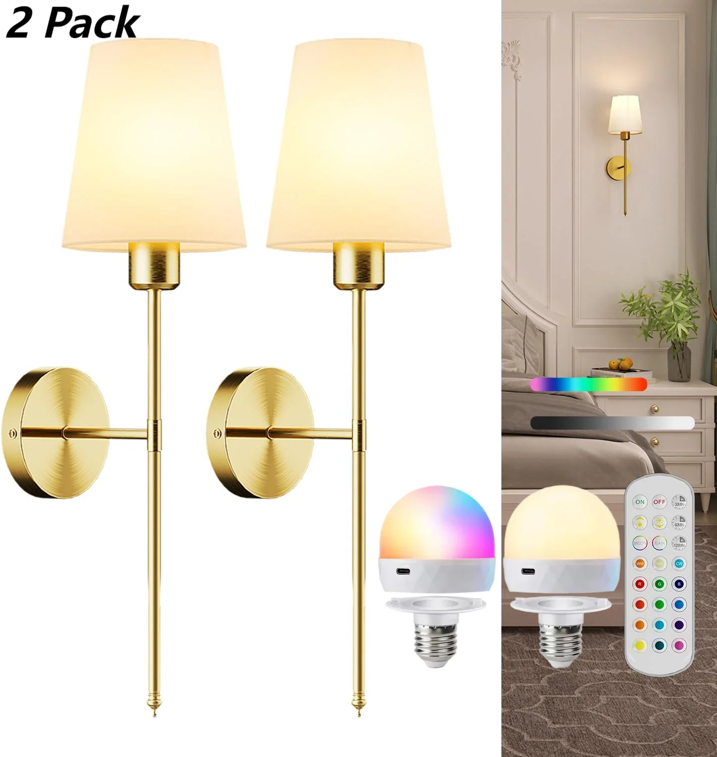 2Pack Battery Operated Wall Sconce Rechargeable Wall Lights Dimmable Bulbs with Remote RGBCW Colors Wireless Wall Lamps for Room