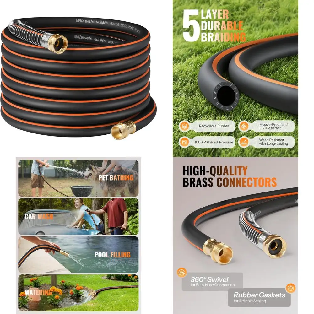 

Heavy Duty 50FT Garden Hose - 5/8 Diameter, 300 PSI Working Pressure, 1000 PSI Burst, Swivel Handle, Stainless Steel for Durable