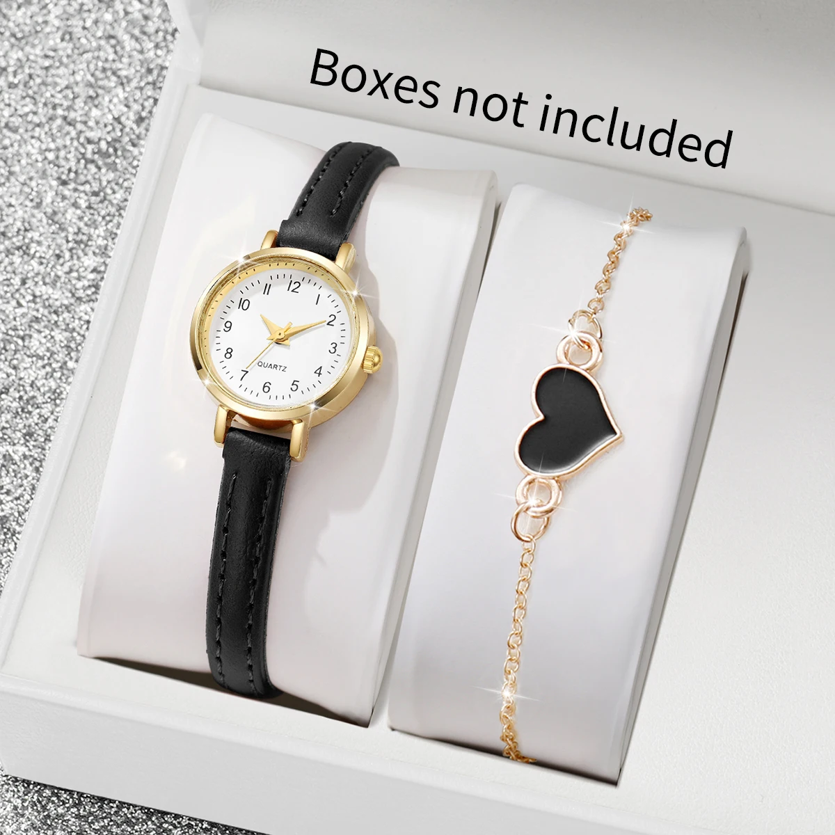 Elegant Gold Round Watch Set for Women White Dial Quartz Wristwatch + Black Heart Bracelet Fashion Jewelry Combo