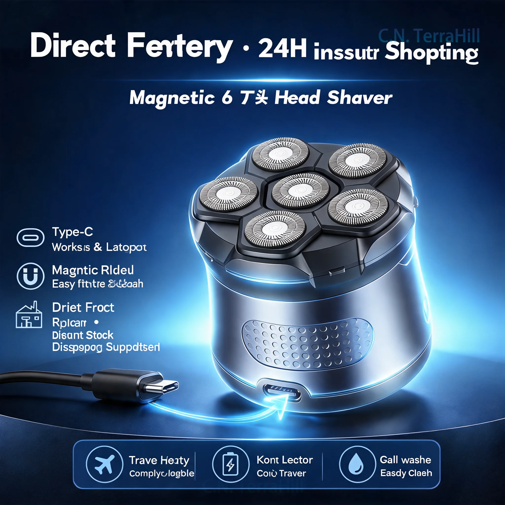 Magnetic 6-Blade Head Shaver for Men, Cordless Rechargeable Bald Head Trimmer, Multifunctional Self-Hair Clipper