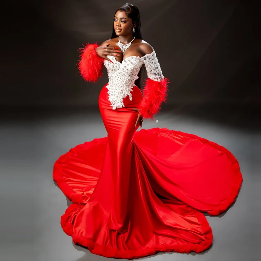 

Red Aso Ebi Evening Dresses With Sweetheart Beads Featheres Long Sleeves Mermaid Prom Dress Long Wedding Party Robes De Soirée