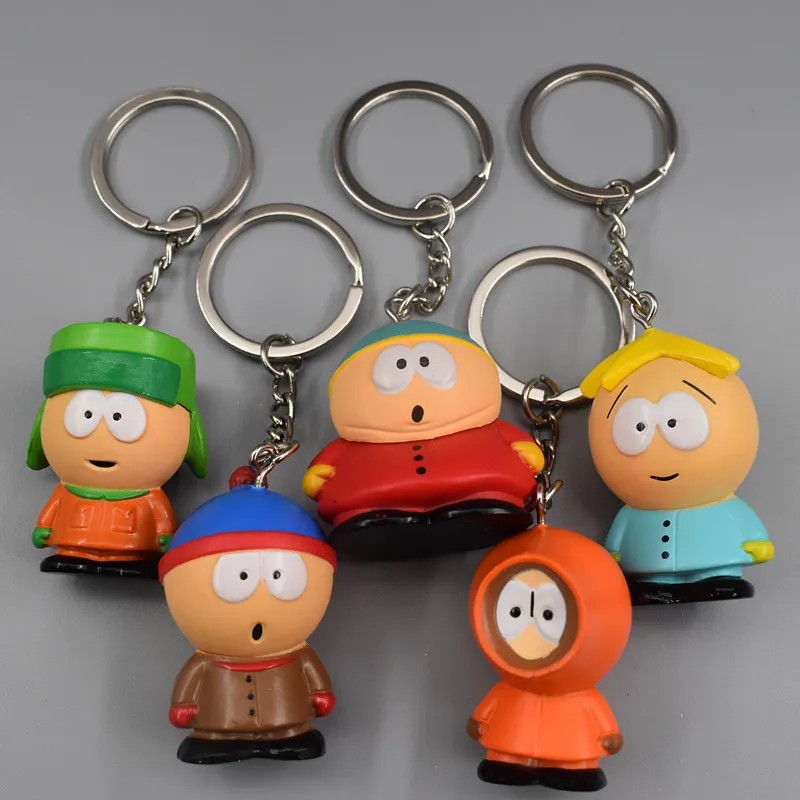 5Pcs/Set Eric Cartman Stanley Marsh Kyle Kenny Animation Parks Anime Action Figures Toys Keychain Keyring Dolls Gifts