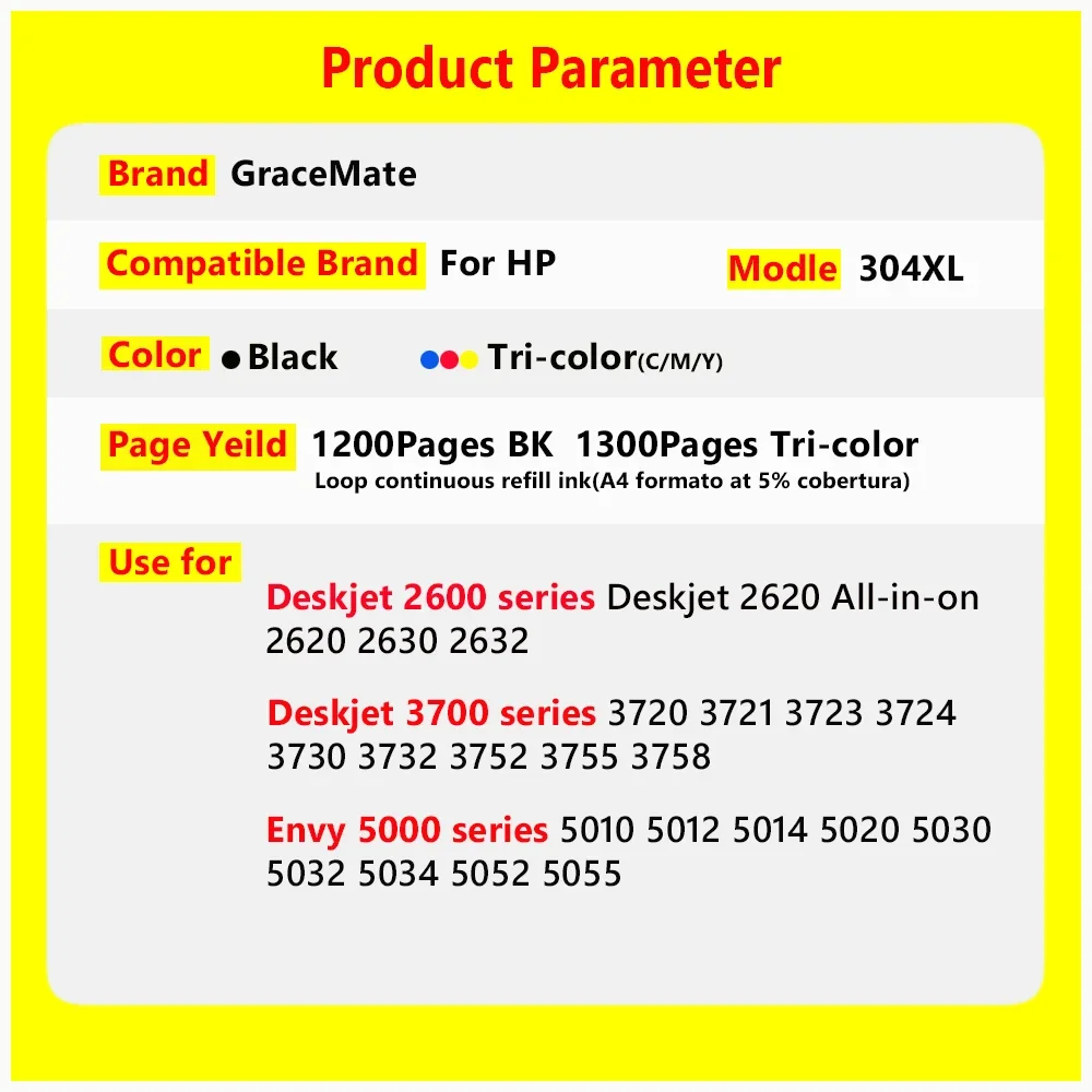 GraceMate 304XL New Version Refillable Ink Cartridge Compatible for hp 304 hp304 Deskjet 2620 3700 3720 3752 5000 5010 5030