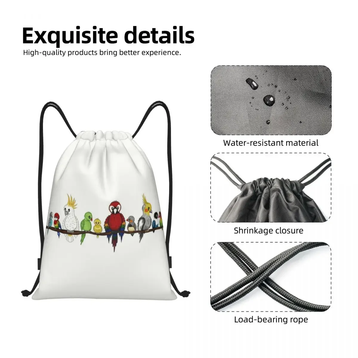 Cute Pet Birds Drawstring Bag para homens e mulheres, Foldable Sports Gym Sackpack, Papagaios Compras Armazenamento Mochilas, Lovebird