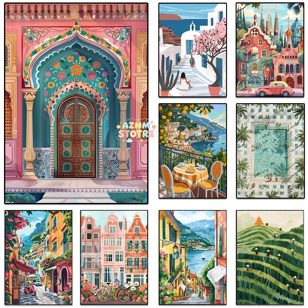 World Travel Cities Amalfi India Morocco Mexico Travel Landmark Landscape Poster Canvas Painting Wall Art Living Room Home De