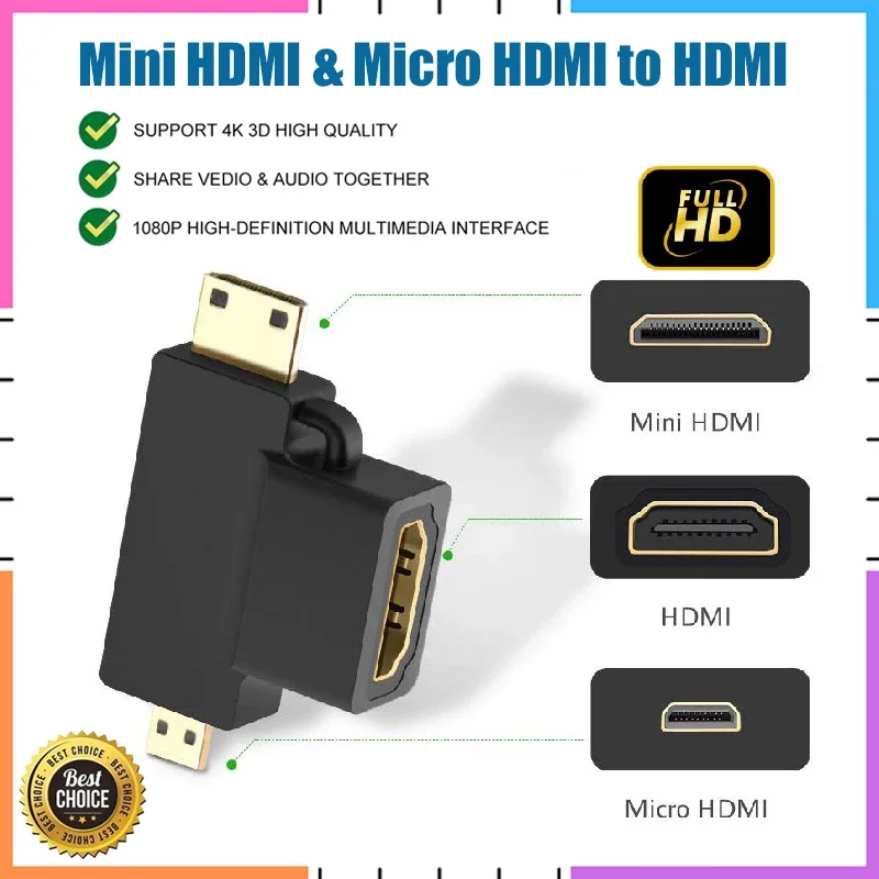 3 in 1 Micro HDMI Mini HDMI to HDMI Adapter 3D 1080P Male to Female Converter for Camera Tablet PC Project