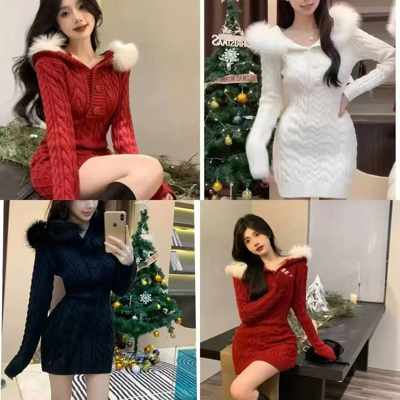 

Red Knitted Christmas New Year Women's Spring Autumn Winter Sexy Mini Skirt Wrap Dress Comfortable Casual Style