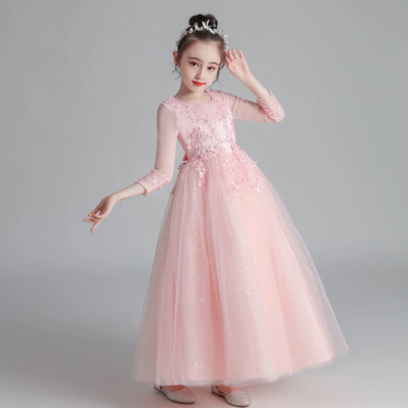 Girls 'Pengpeng Yarn Princess Dress, Manga Comprida, Elegante, Performance Infantil, Primavera, Verão, Novo, CW683, 2023