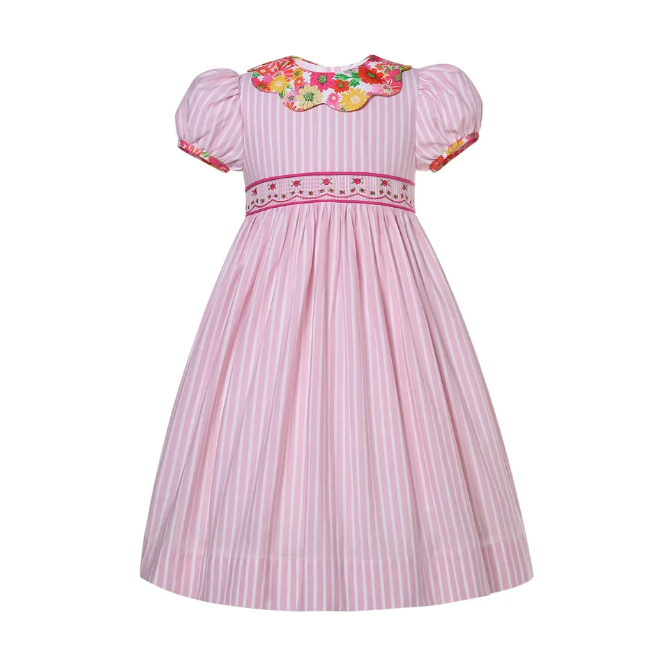 Pettigirl Girls Summer Pink Smocked Princess Dresses with Flower Embroidery for Kids Children Wedding Party 261012Years Old