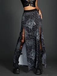 Goth Dark Punk Spider Web Printed Split Long Skirts Grunge Women Sexy Mall Gothic Midi Skirt Women High Waist A-line Alt Bottoms