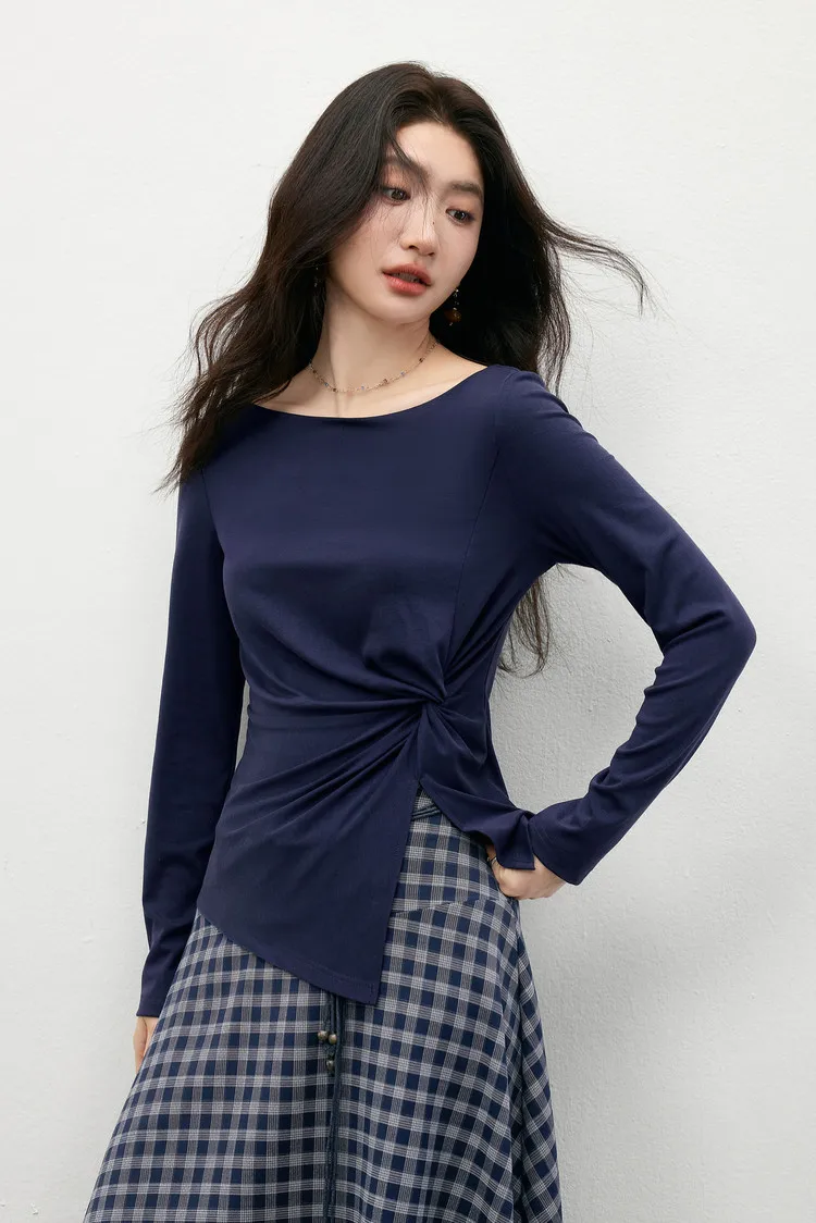 SENTUBILA Lyocell-T-Shirts für Damen, Frühling 2026, schulterfreier Ausschnitt, verdrehter, unregelmäßiger Saum, schlichte Strickoberteile W61TL5033 – Detail 16