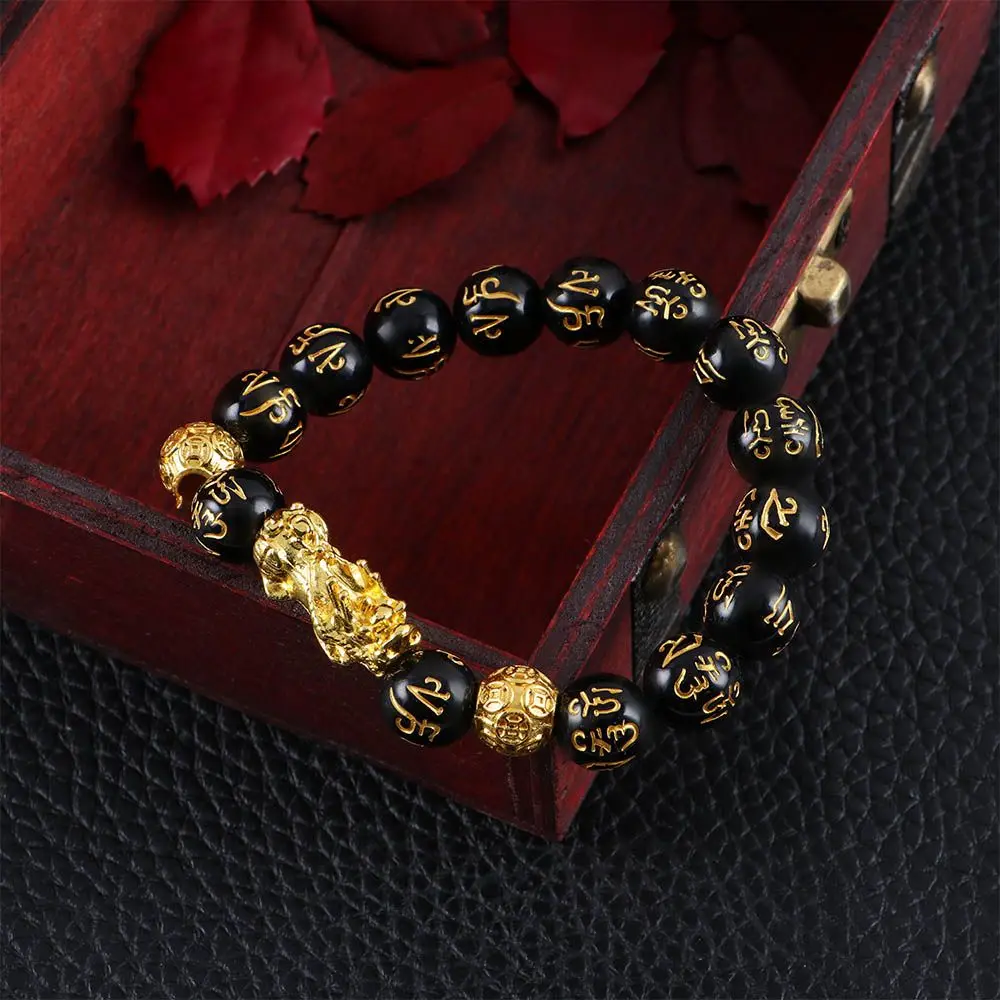 New Fashion Attract Wealth Feng Shui Pixiu Men Good Luck Bangle Bracelets Wristband Obsidian Stone Beads