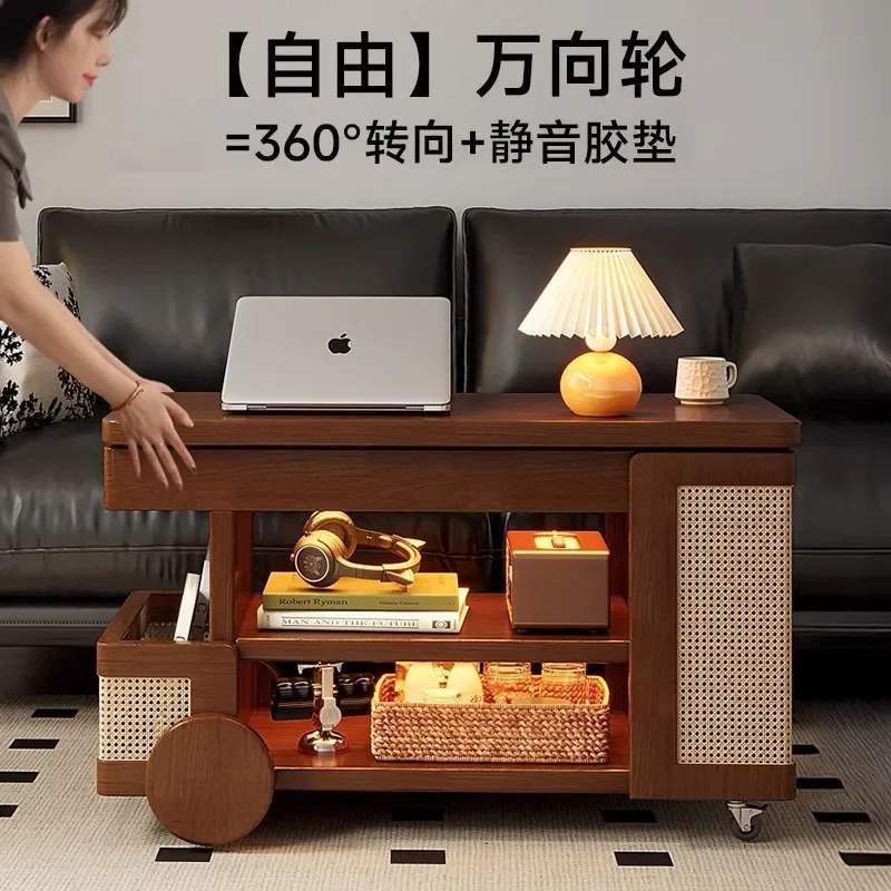 

Solid wood mobile trolley, coffee table, small apartment liftable, living room household sofa side cabinet