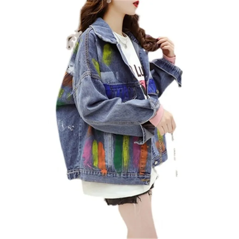 

Denim jacket women's spring and autumn 2022 new Korean BF street style hand-painted graffiti loose fashion top A874