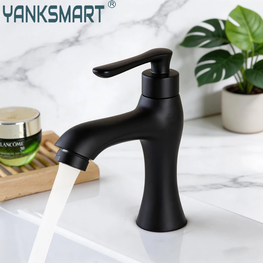 

YANKSMART Bathroom Matte Black Faucet Basin Sink Deck Mounted Single Handle & Hole Washbasin Torneira Only Cold Water Tap Faucet