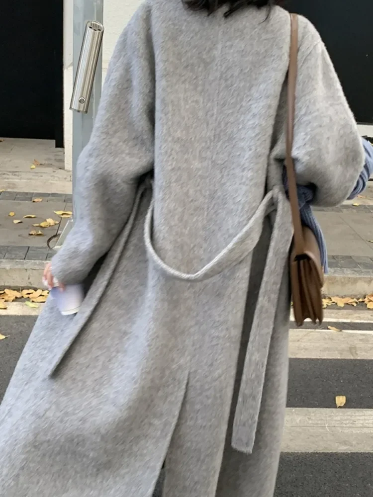 RosEvans Double-sided Alpaca Wool Coat Women Korean High Quality Light Grey Winter Coat New Collarless Bathrobe Wool Coat Women